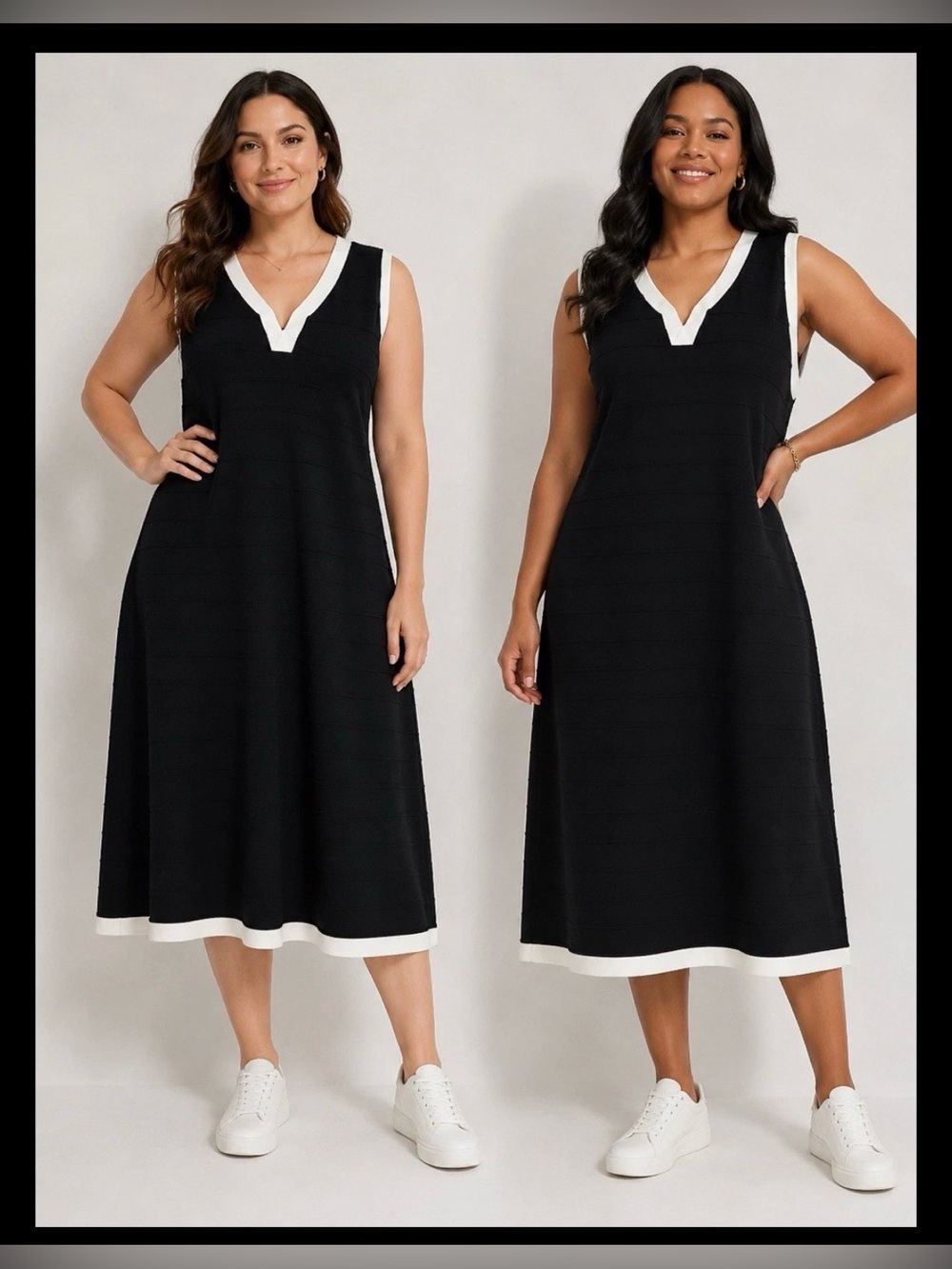 Ashley Stewart 22/24W Black White Trim Sleeveless Knit Midi Dress Plus Size NWT